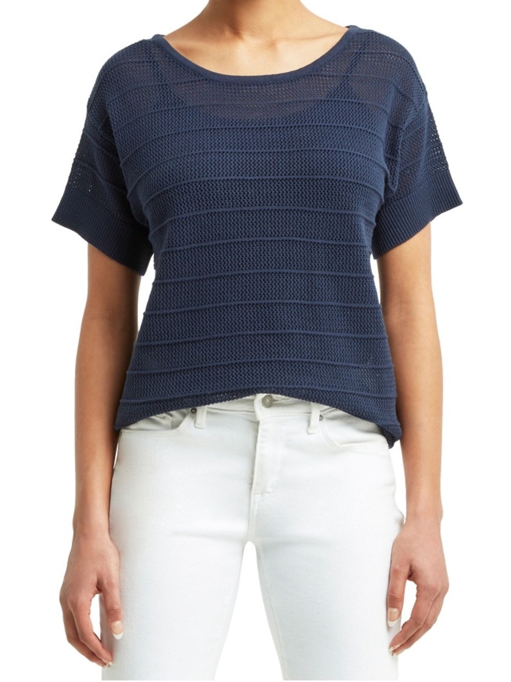Halston Heritage Navy Short-Sleeve Textured Knit Top! L
